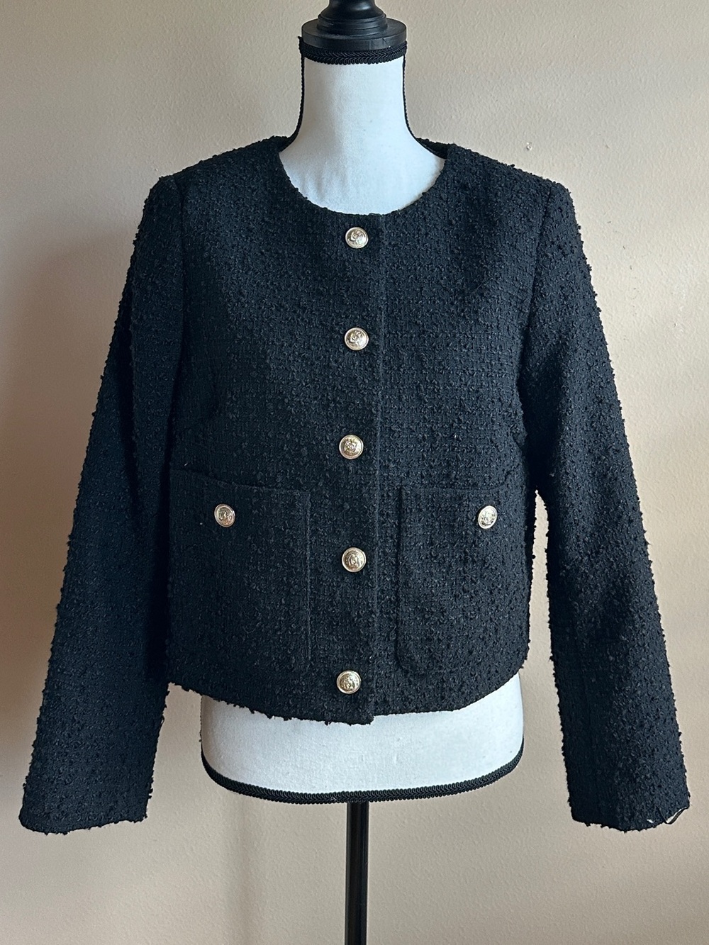 H&M Black Bouclé Gold-Button Cropped Jacket